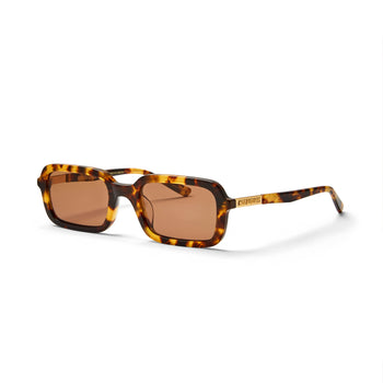 side shot of the dazed tortoiseshell sunglasses with tan lens, showing the gold text Hot Futures branding to the arms against a white background