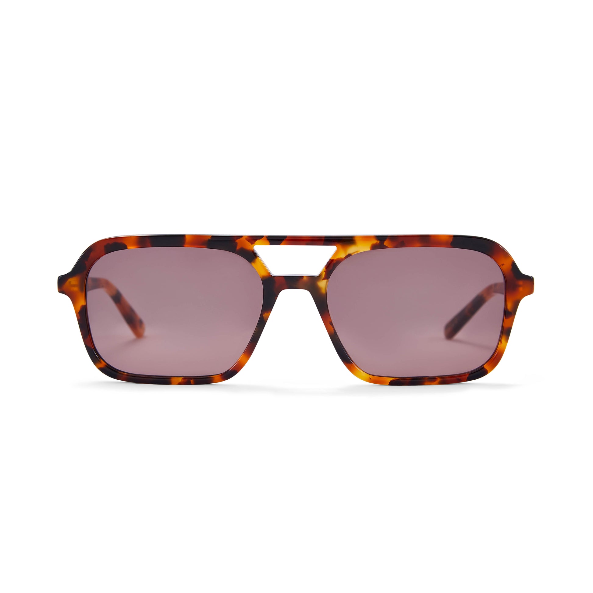 A pair of tortoiseshell patterned sunglasses with a slim rectangular aviator frame 