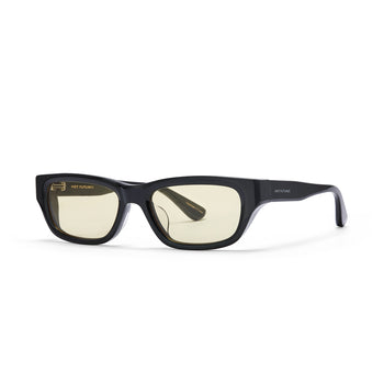Black sunglasses with gold accents on a white background