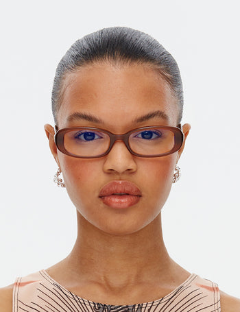 Model shot wearing Hot Futures Aurora Brown Frame Clear Prescription Glasses