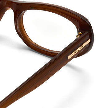 Brown eyeglasses with 'Hot Futures' branding on a white background