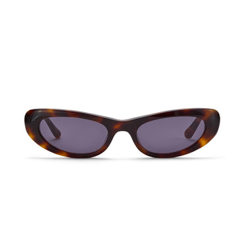 Sunglasses with tortoiseshell frame and dark lenses on a white background