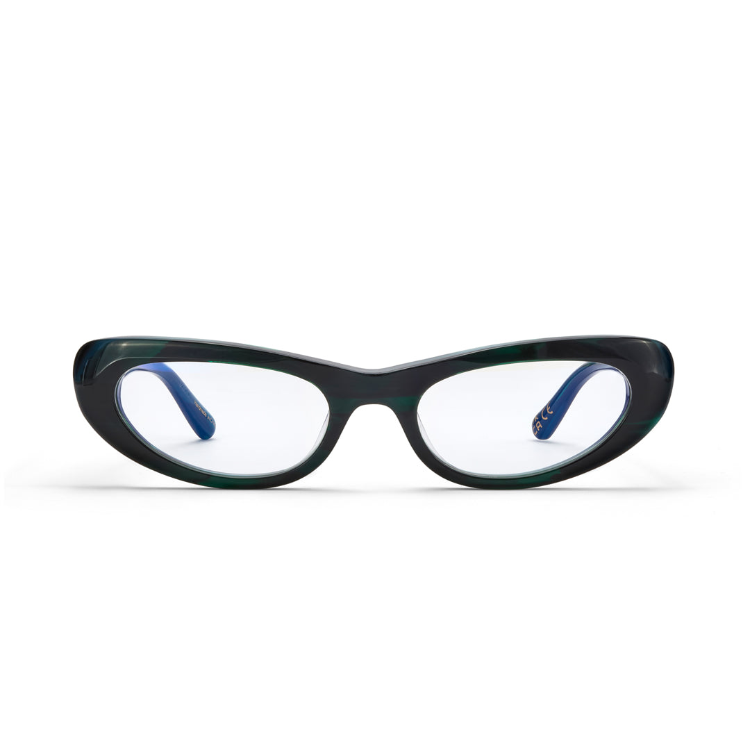 Deep green cat-eye glasses on a white background