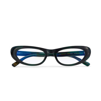 Deep green frame eyeglasses on a white background
