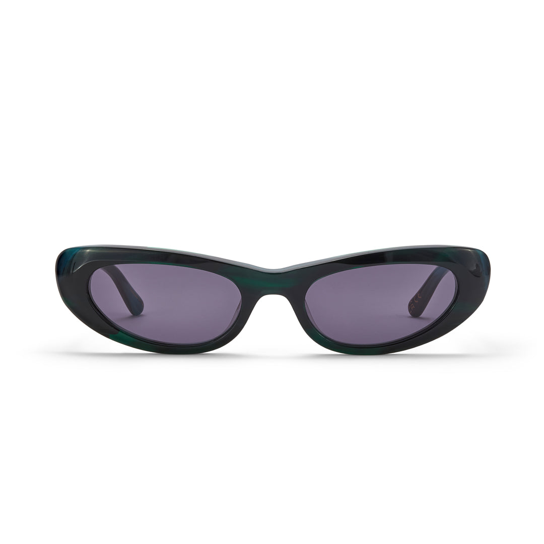Sunglasses with dark green frames and smoky lenses on a white background