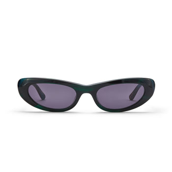Sunglasses with dark green frames and smoky lenses on a white background
