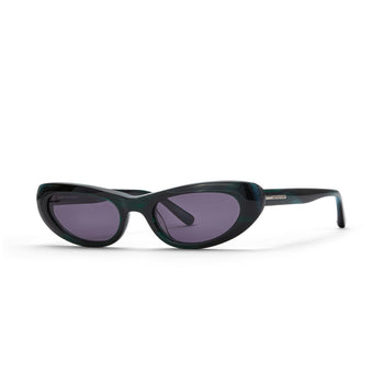 Sunglasses with deep green frame and purple/black smoke lenses on a white background