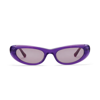 Our Hot Futures Ghost Psychedelic Purple sunglasses against a white studio backdrop. Purple sunglasses frame with a transparent purple lens.