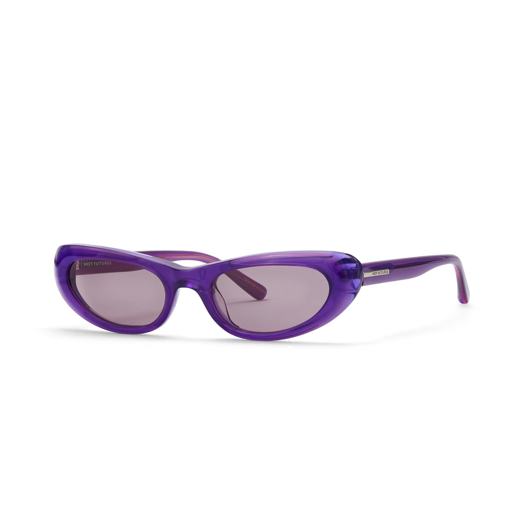 Purple sunglasses with a white background