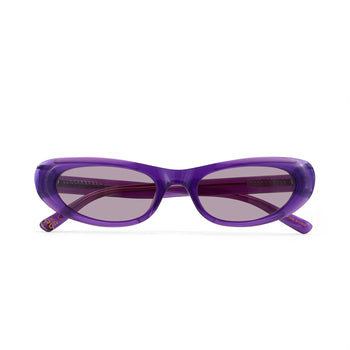 Purple sunglasses with a white background