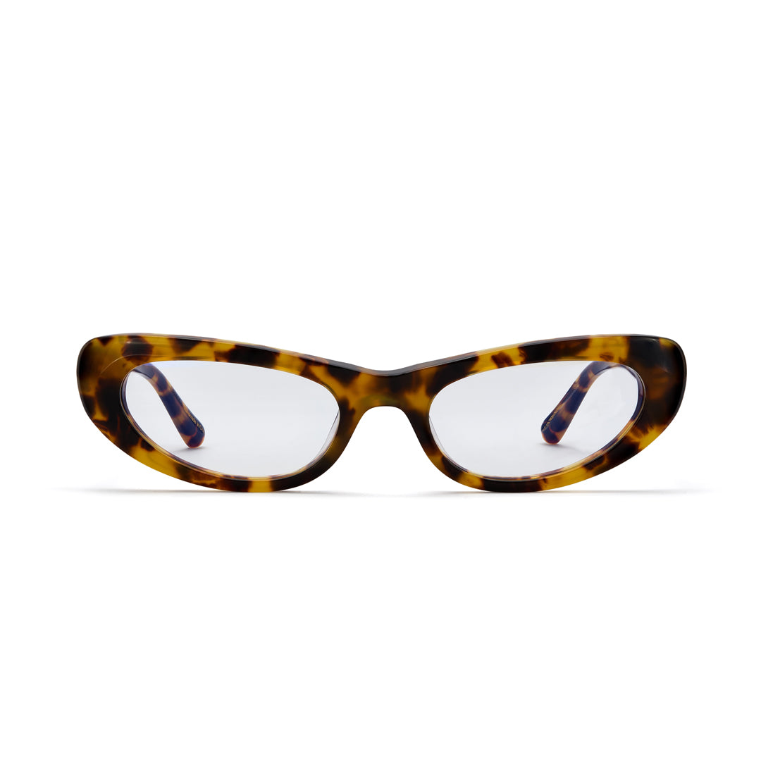 Tortoiseshell cat-eye glasses on a white background