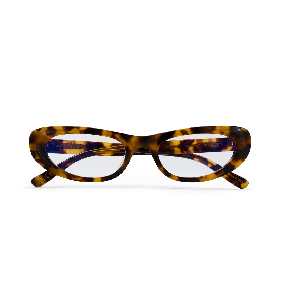 Tortoiseshell cat-eye glasses on a white background