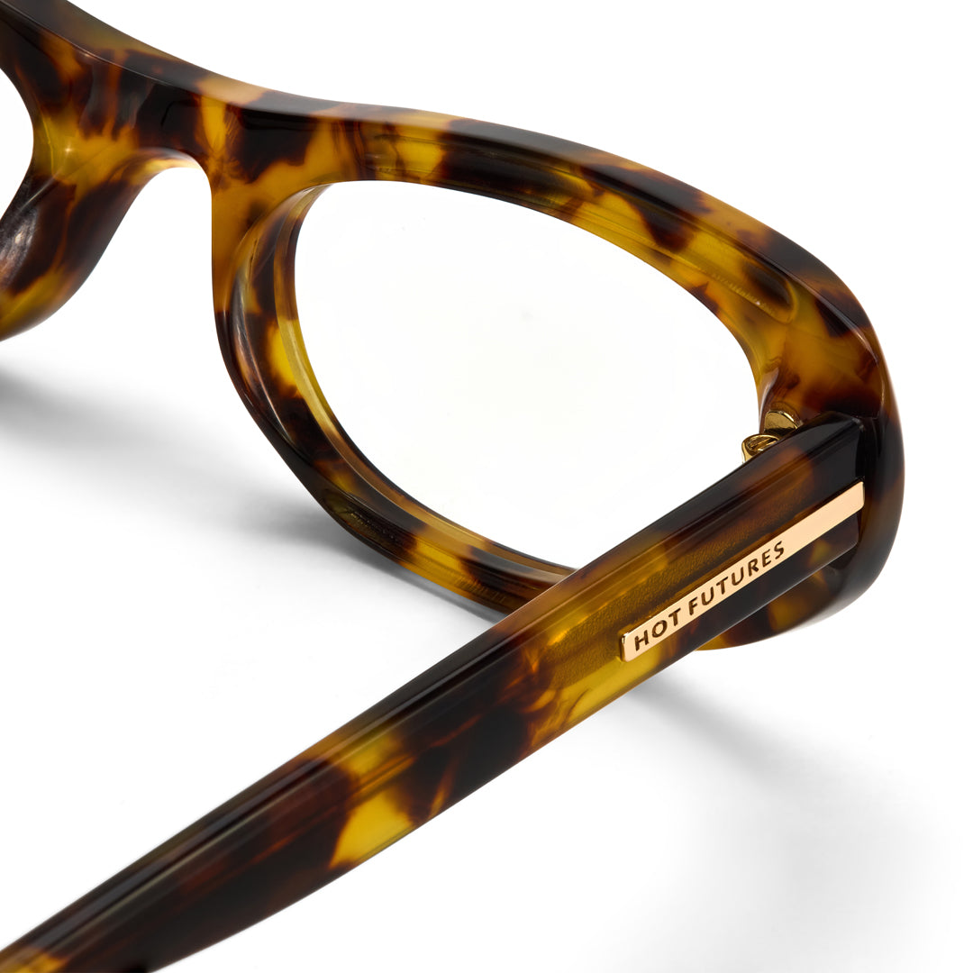 Tortoiseshell glasses with 'Hot Futures' branding on a white background