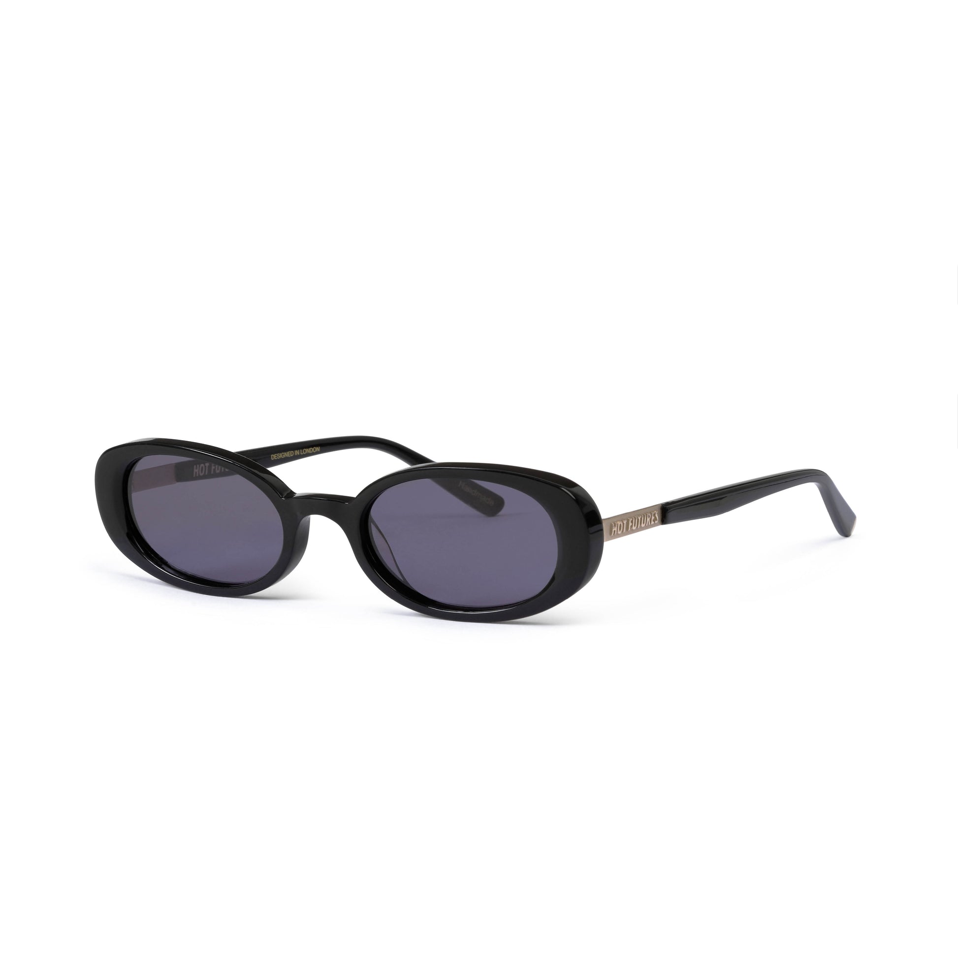 A pair of oval-shaped black sunglasses with dark smoke-coloured lenses.