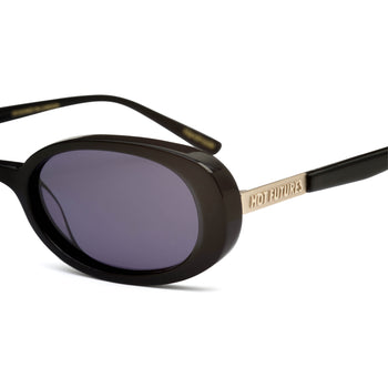 A pair of oval-shaped black sunglasses with dark smoke-coloured lenses.