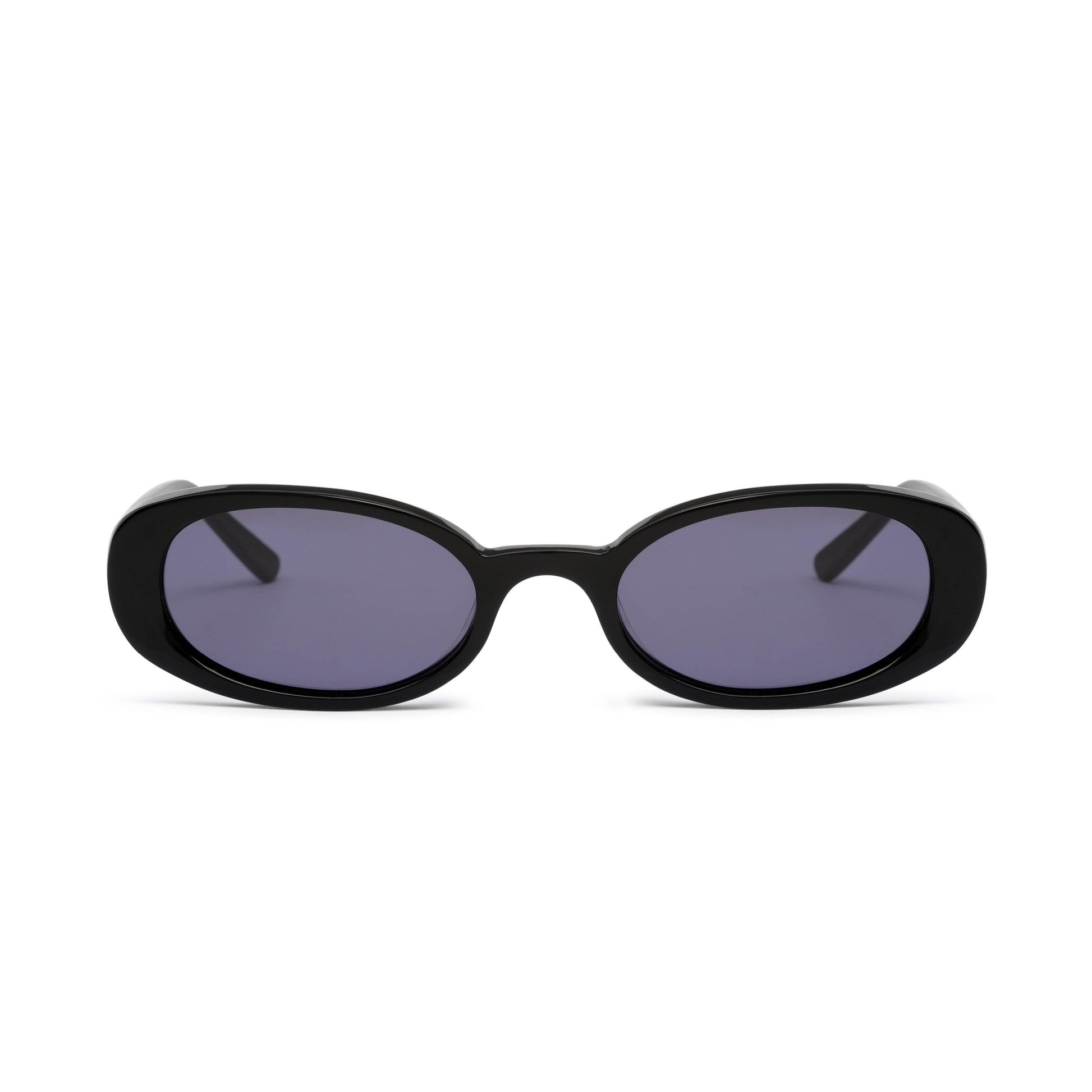 A pair of oval-shaped black sunglasses with dark smoke-coloured lenses.