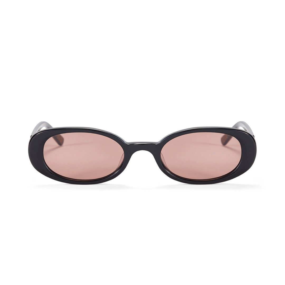 Black oval sunglasses with tan lenses on a white background