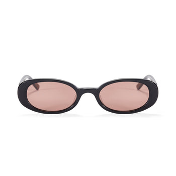 Black oval sunglasses with tan lenses on a white background