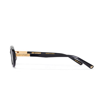 Black slim oval sunglasses with gold accents on a white background