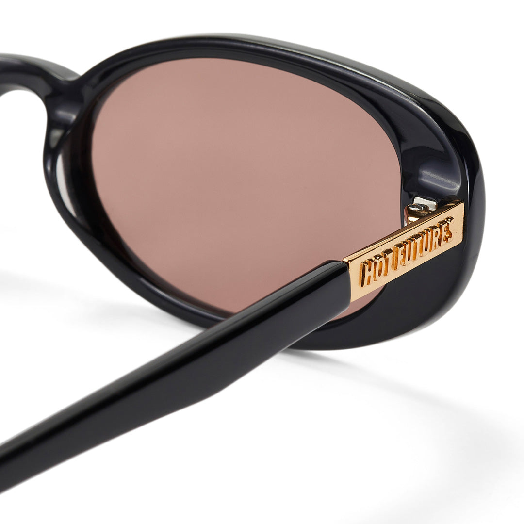 Black sunglasses with brown lenses and gold logo on a white background