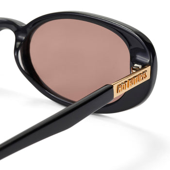 Black sunglasses with brown lenses and gold logo on a white background