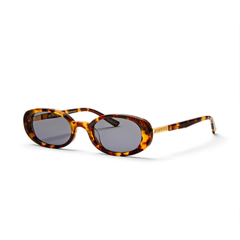 A pair of oval-shaped sunglasses with a tortoiseshell pattern frame and smoke-coloured lenses.