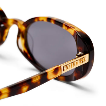 A pair of oval-shaped sunglasses with a tortoiseshell pattern frame and smoke-coloured lenses.