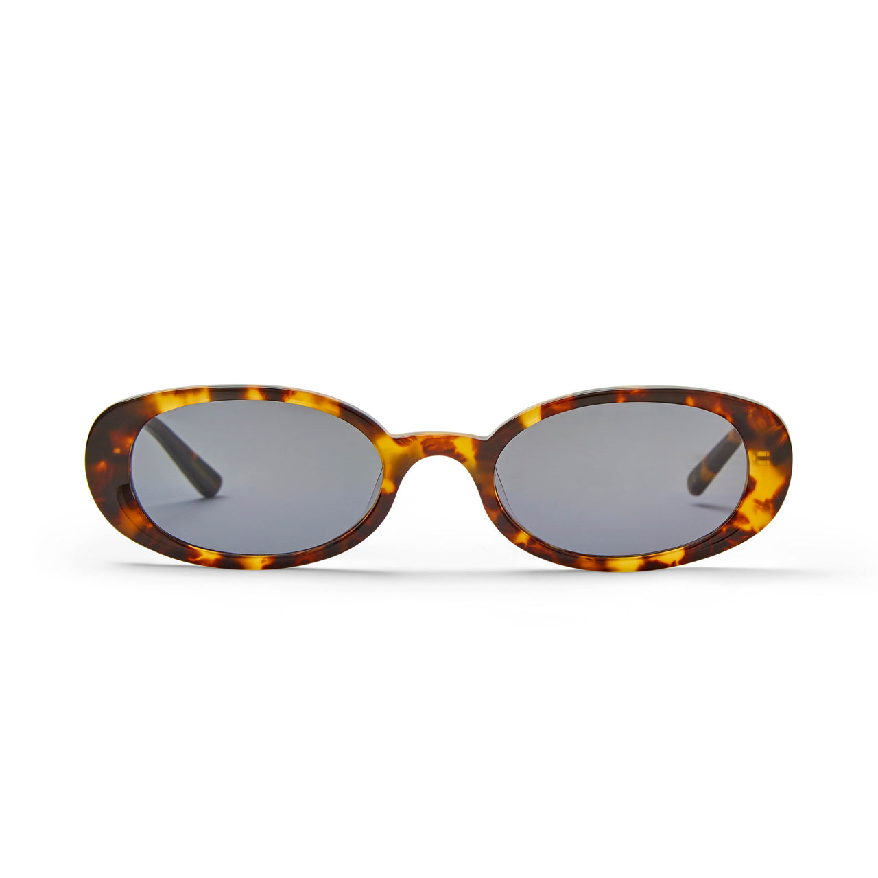 A pair of oval-shaped sunglasses with a tortoiseshell pattern frame and smoke-coloured lenses.