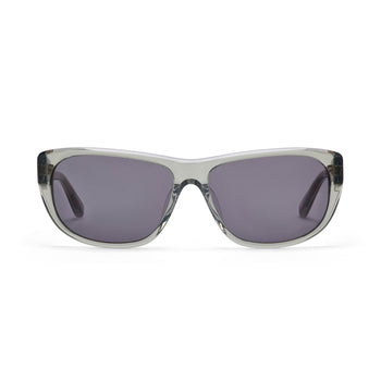 Sunglasses with a clear moss green frame and dark lenses on a white background