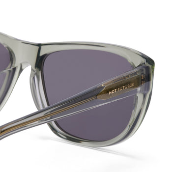 Sunglasses with clear frame and purple lenses on a white background