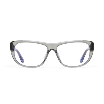 Eyeglasses with a clear moss green frame on a white background