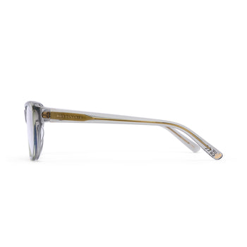 Sunglasses with gold frame and clear lenses on a white background