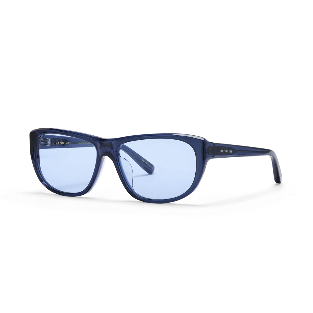 Blue sunglasses with a white background