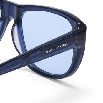 Blue sunglasses with 'Hot Futures' branding on a white background