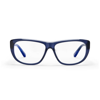 Hot Futures Moon Dark navy blue clear lens blue light glasses on a white backdrop