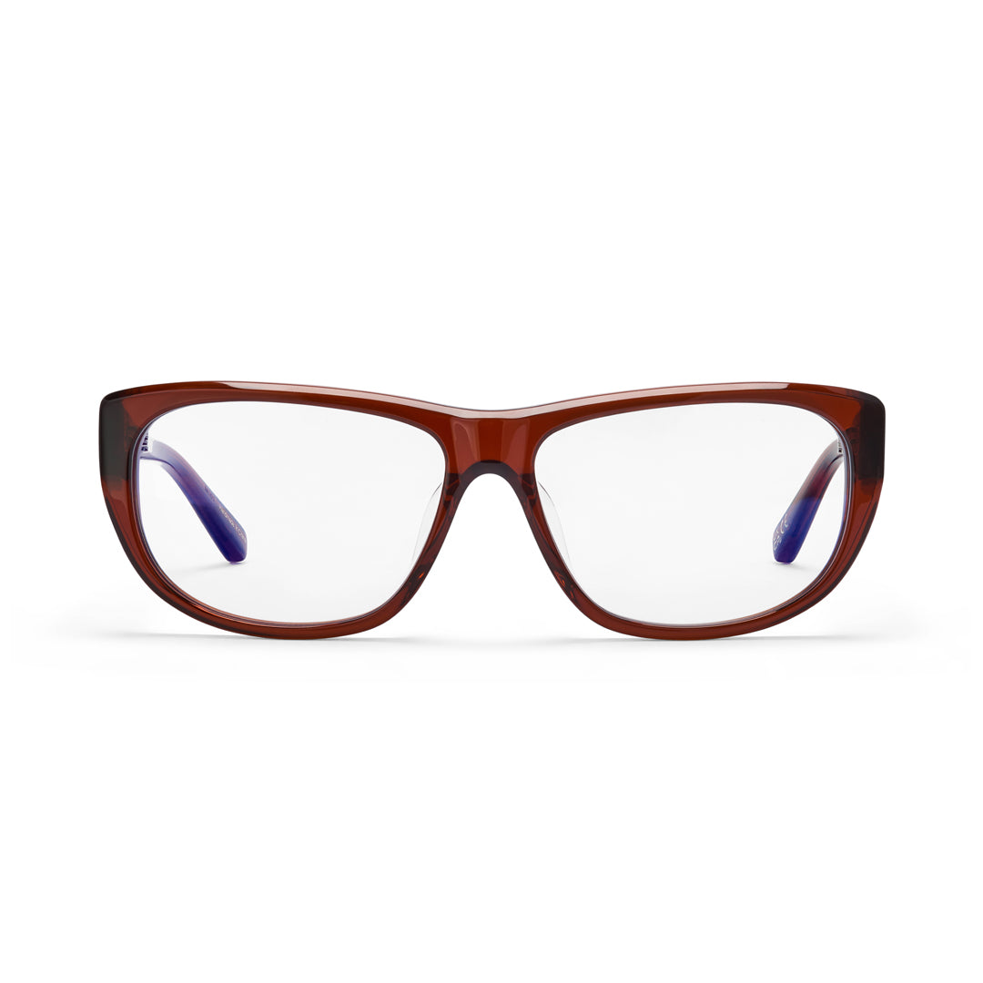 Hot Futures Mon glasses in clear blue lens with toffee brown frame, on a white backdrop