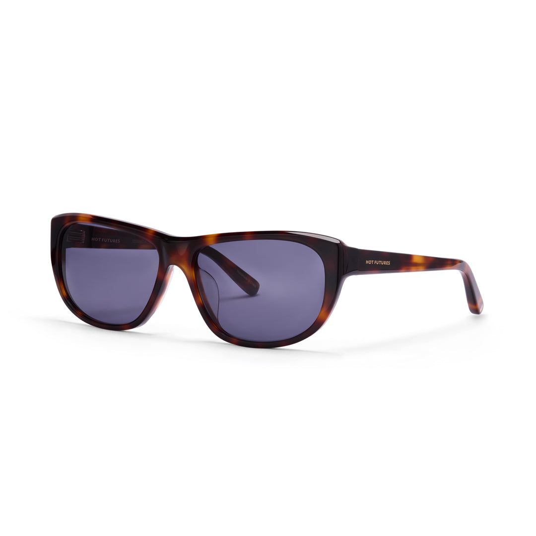 Sunglasses with tortoiseshell frame and dark lenses on a white background