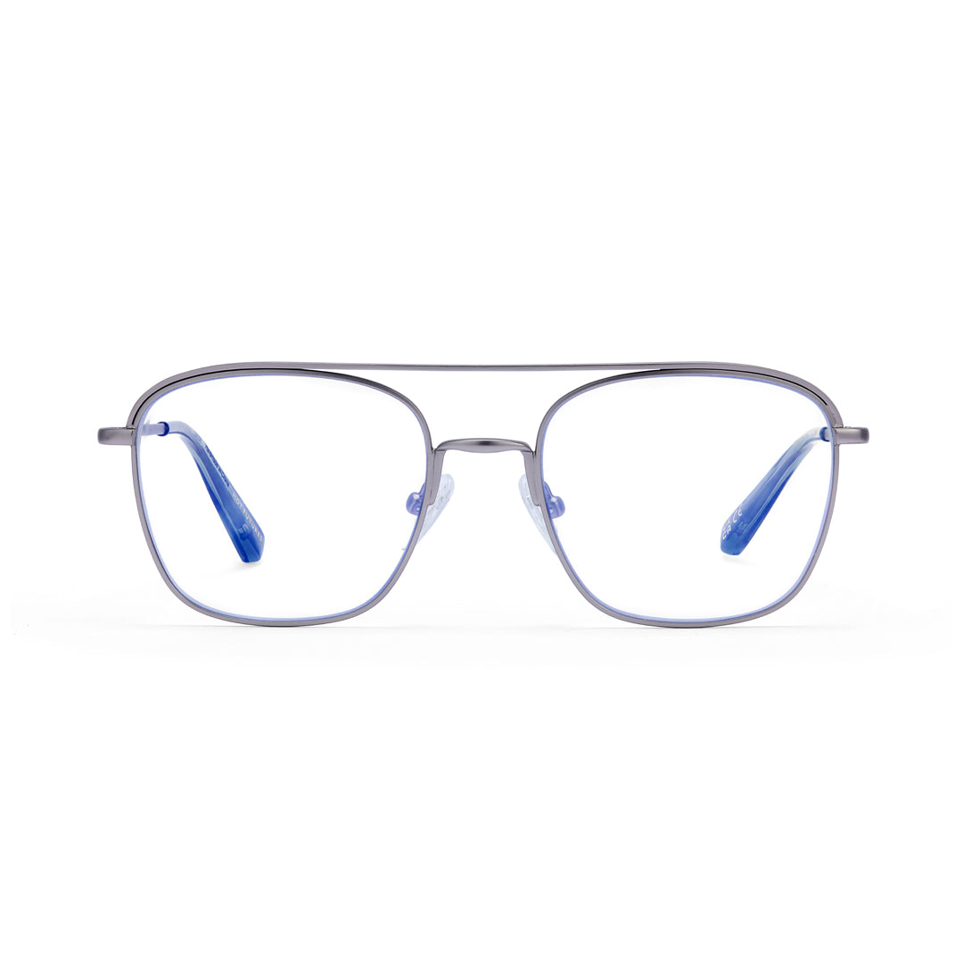 Silver aviator eyeglasses with blue temple tips on a white background