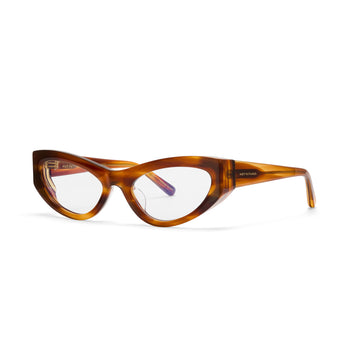 Tortoiseshell cat-eye glasses on a white background