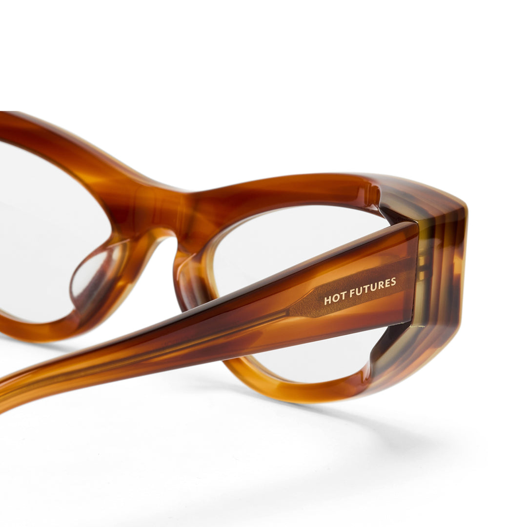 Brown tortoiseshell glasses with 'HOT FUTURES' branding on a white background