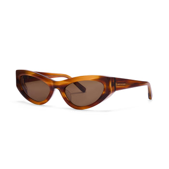 Sunglasses with tortoiseshell frame and brown lenses on a white background