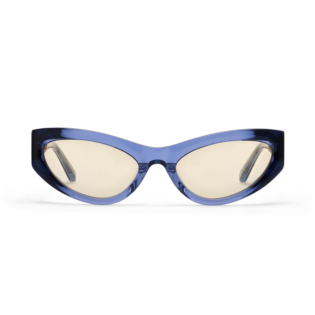 Hot Futures Storm Cat-eye Sunglasses in blue with yellow transparent lens against a white backdrop