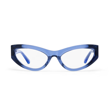 Blue cat-eye glasses on a white background