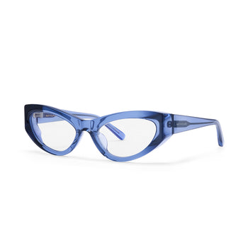Blue cat-eye glasses on a white background