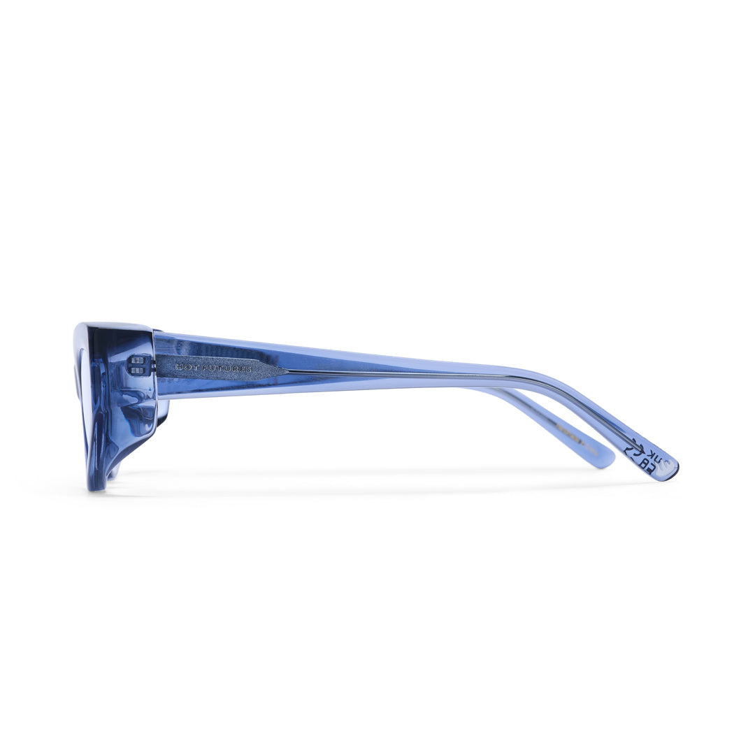 Blue sunglasses with a reflective surface on a white background