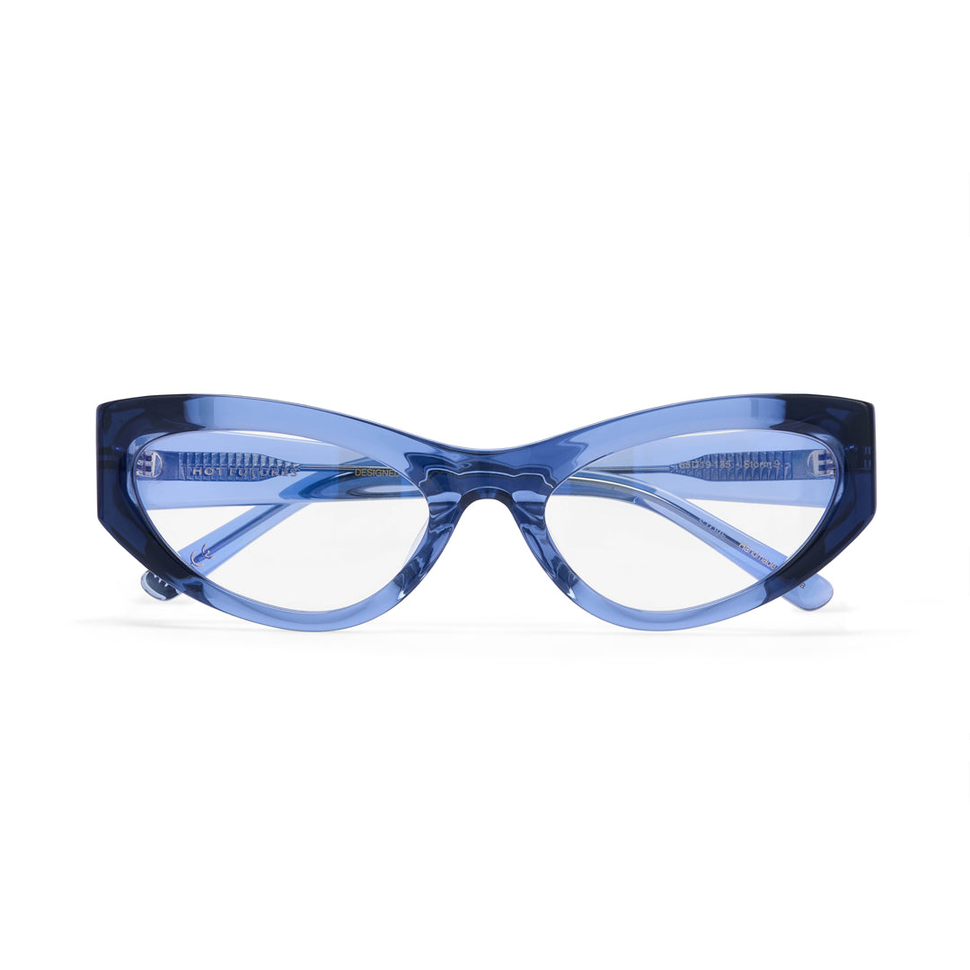 Blue cat-eye glasses on a white background