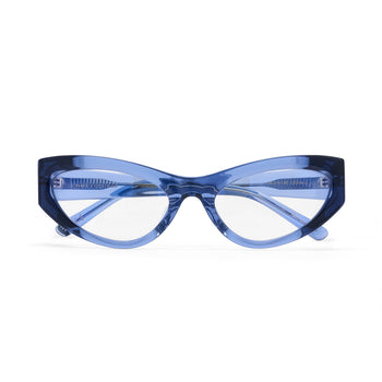 Blue cat-eye glasses on a white background