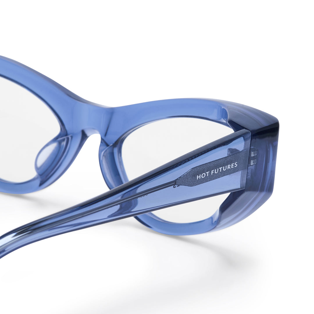 Blue eyeglasses with 'Hot Futures' branding on a white background