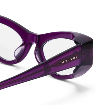 Purple eyeglasses with 'Hot Futures' branding on a white background